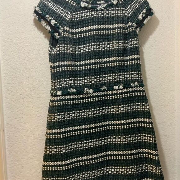TORY BURCH Norfolk Green Black/Green Tweed Cap Sleeves A-line Sequin Dress $395 - Picture 12 of 16